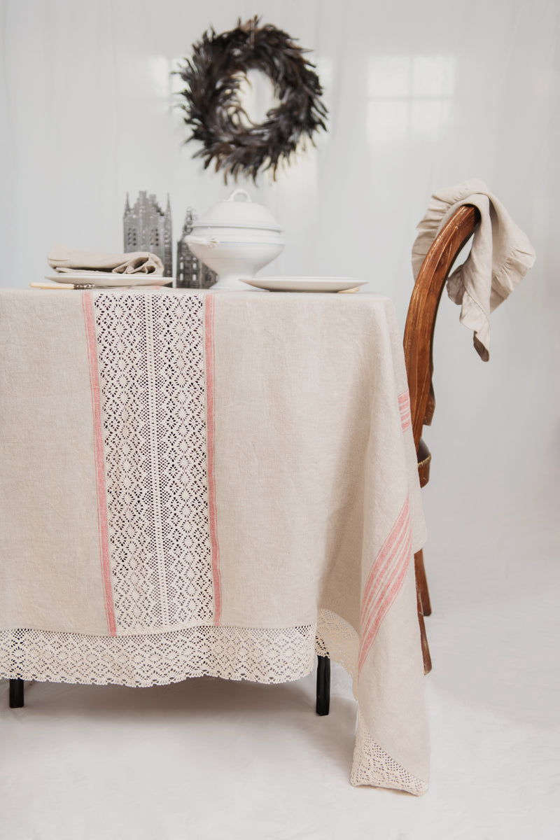 Pure Linen Tablecloth with French Cotton Lace